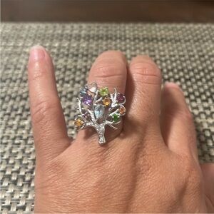 Silver Tree of Life Ring with Colorful Gemstones
